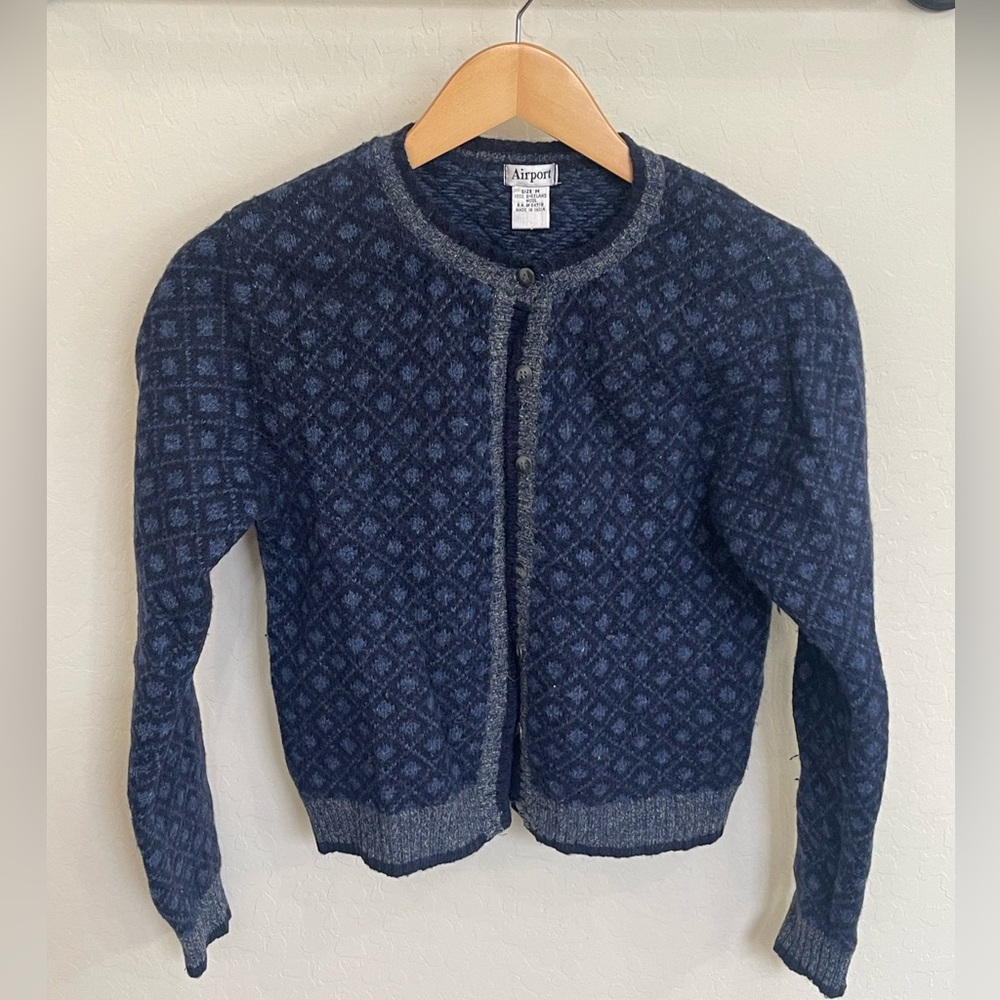 Vintage Airport 100% Shetland Wool Diamond Pattern Cardigan Sweater Size M